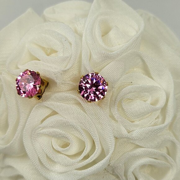 Pair of Pink Brilliant Cubic Zirconia Gold Stainless Steel Stud Earrings - Picture 1 of 5